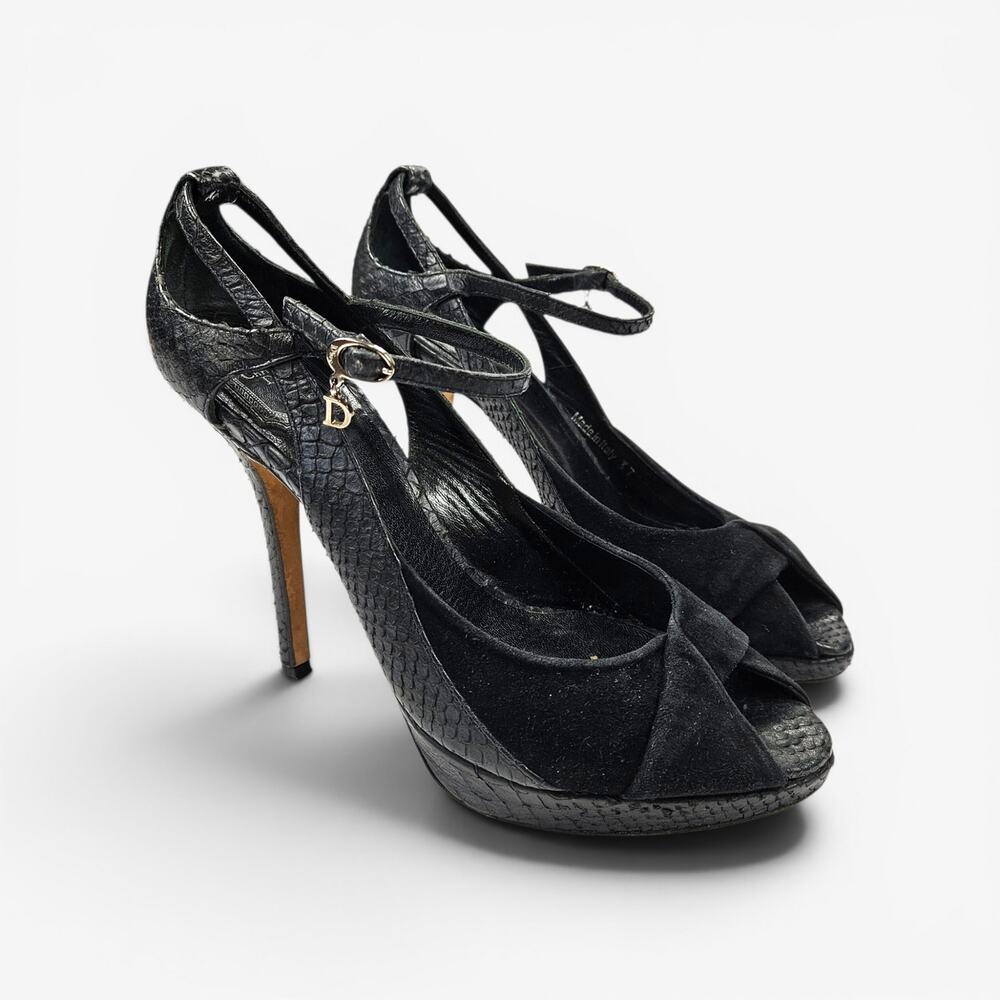 Vintage Christian Dior Snakeskin Pumps Black Strappy Platform - Size 37 EU